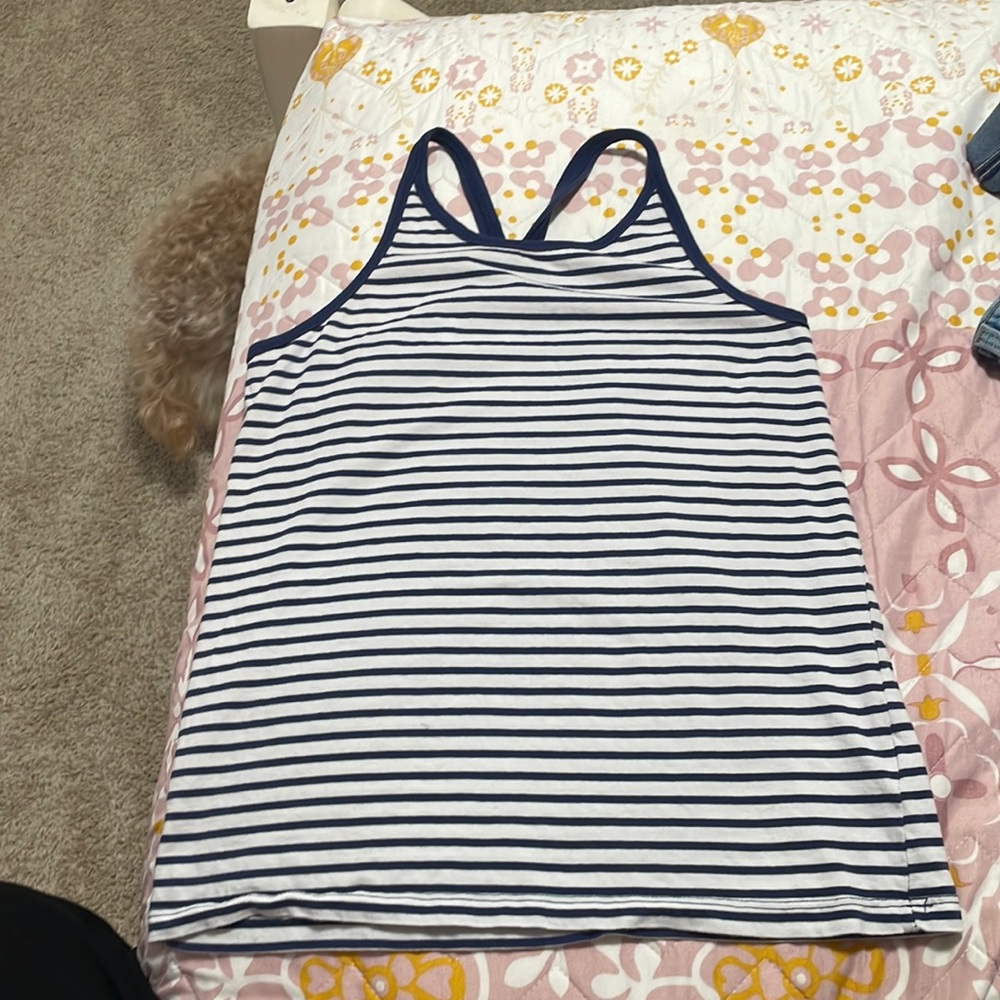 Sleeveless shirt, size 14 white with blue stripes